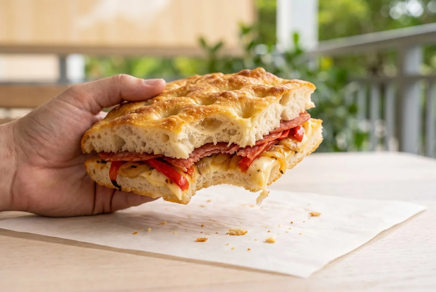 Spicy focaccia, bitten