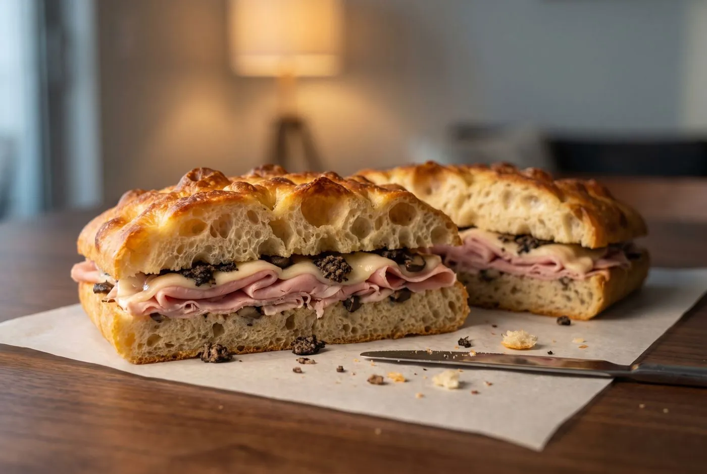 Truffle focaccia cut open