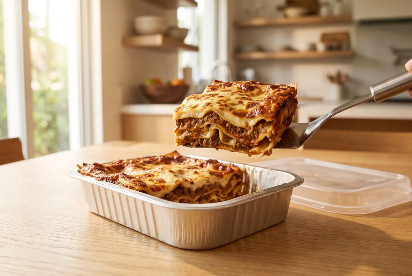 Classic Bolognese lasagna, a slice lifted from the tray
