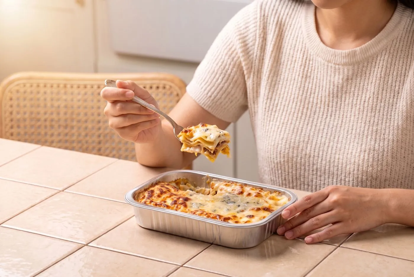 Four-cheese lasagna at the table