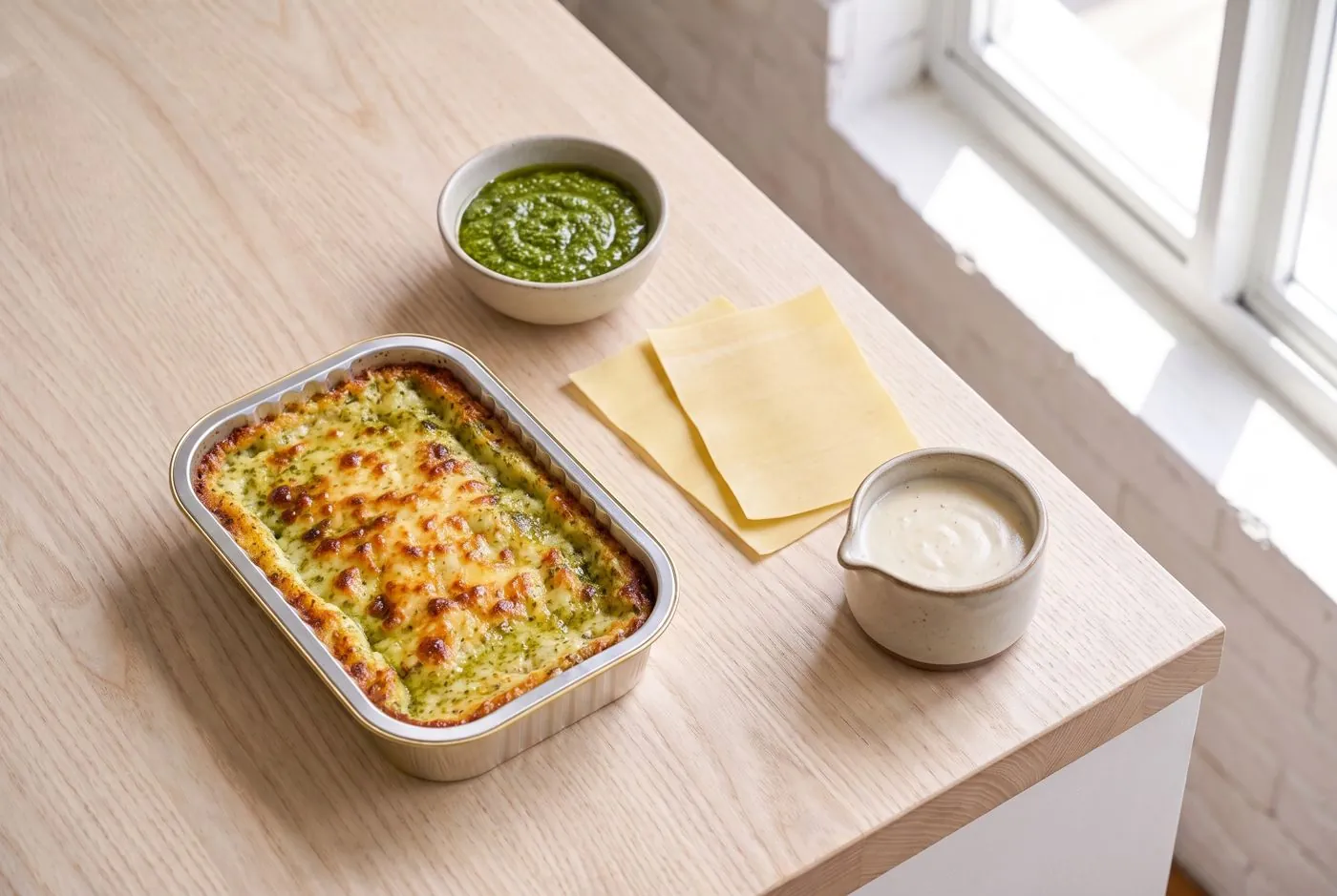 Pesto lasagna with its ingredients